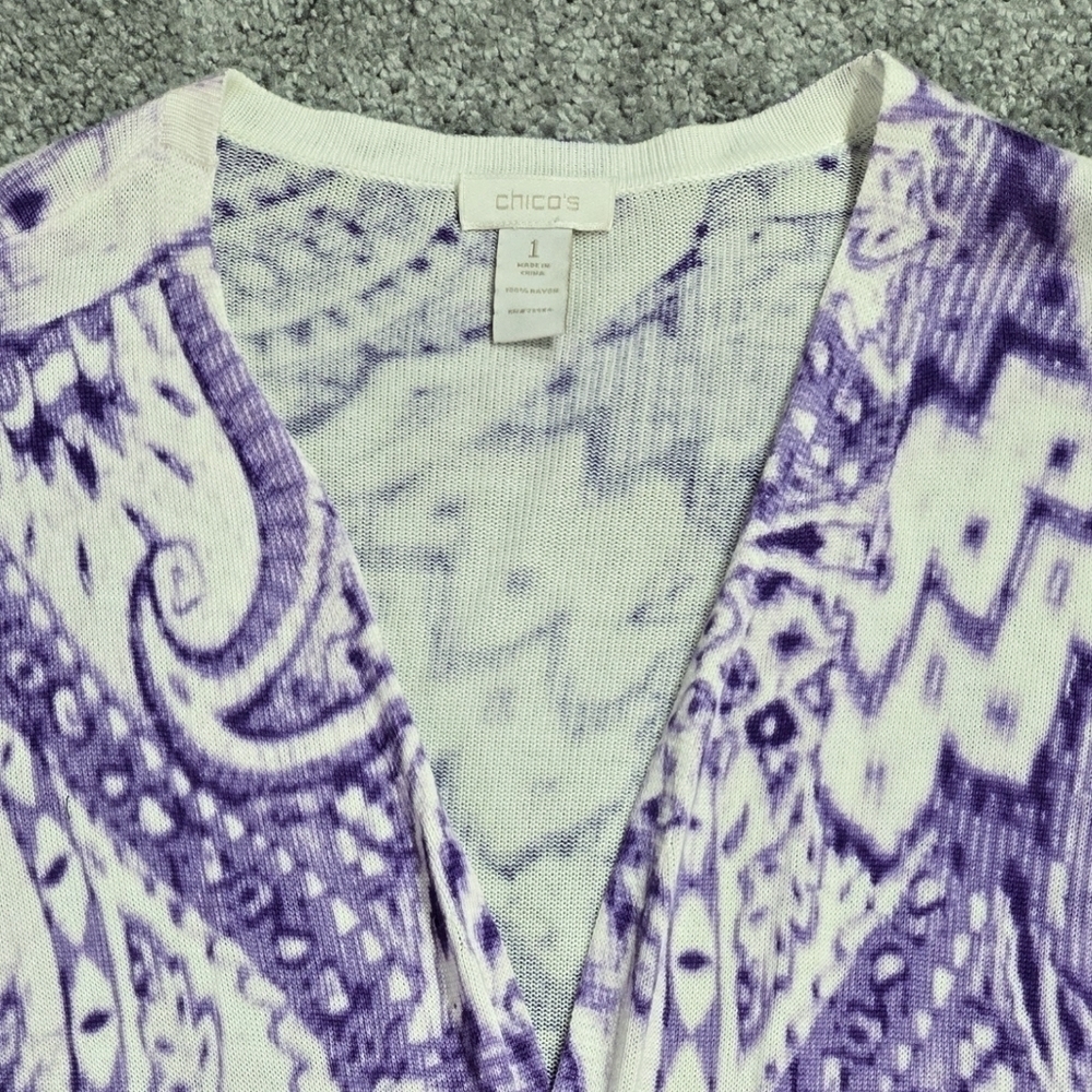 Chico's Purple White Paisley Open Front Lightweight Longline Cardigan Boho - Picture 4 of 7